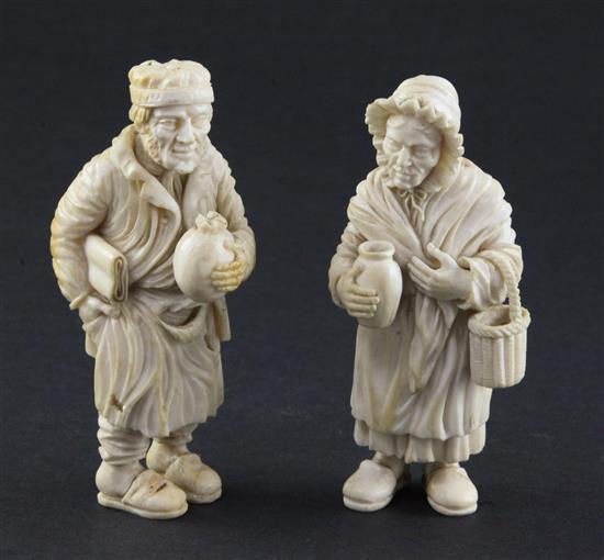 A pair of 19th century Dieppe ivory carvings of an elderly man and woman, 4.25in.